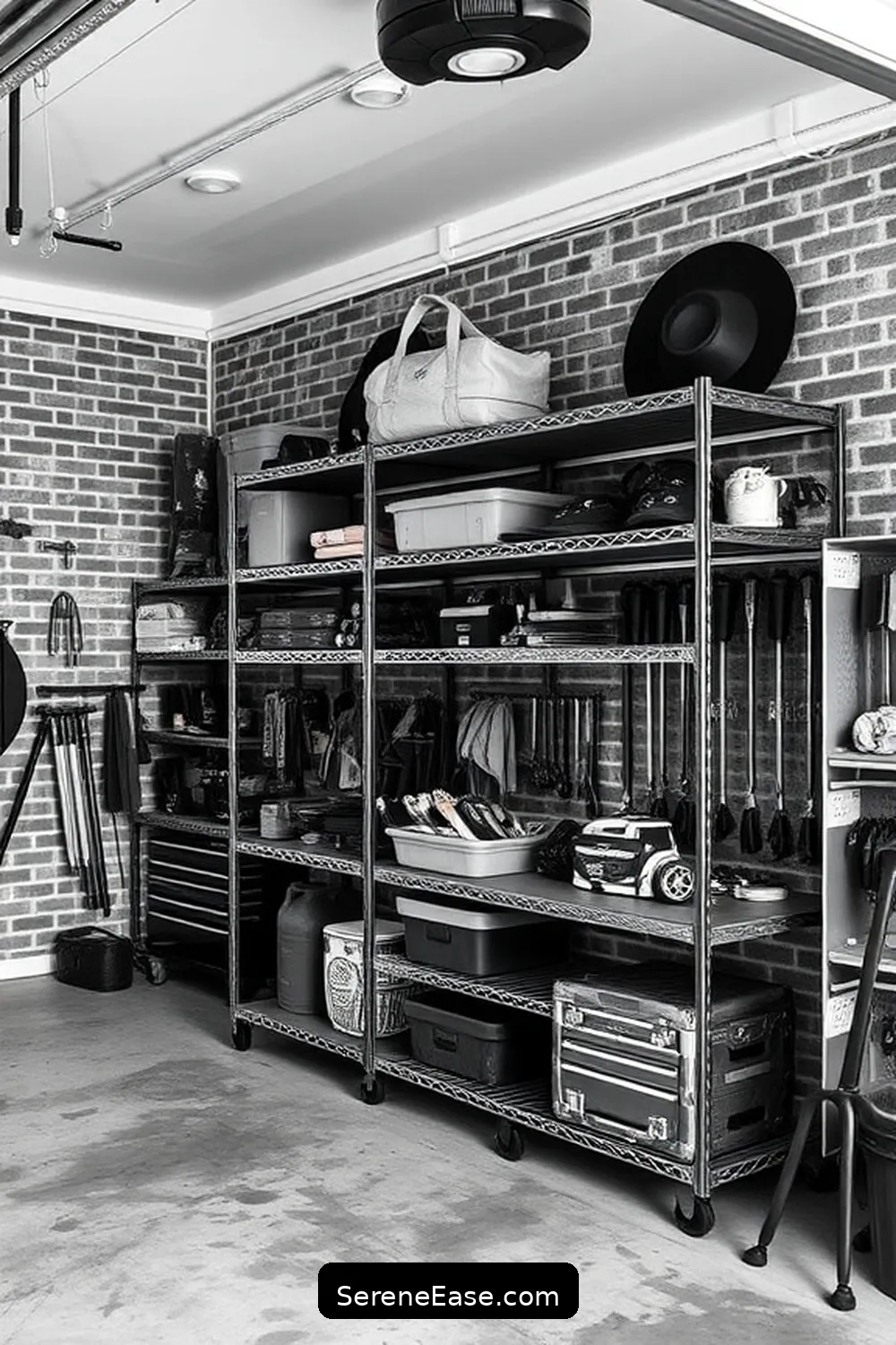 21 Ways to Achieve Industrial Style in Your Black and White Garage 4 Incorporate Metal Shelving for 21 Ways to Achieve Industrial Style in Your Black and White Garage