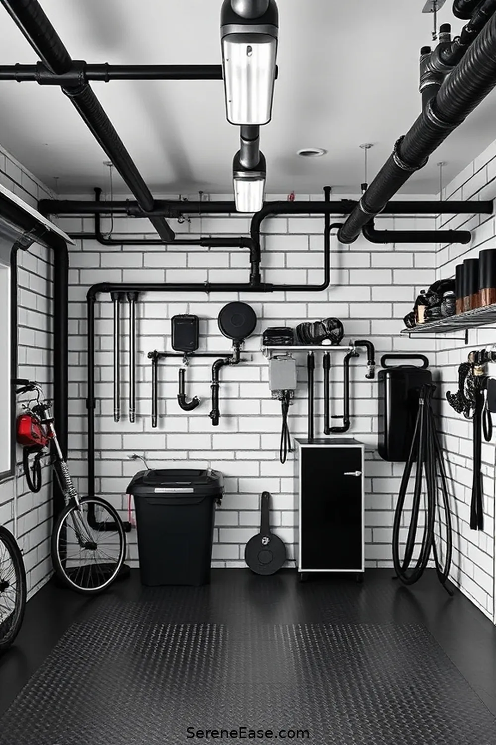 21 Ways to Achieve Industrial Style in Your Black and White Garage 11 Incorporate Pipe and Plumbing Fixtures for 21 Ways to Achieve Industrial Style in Your Black and White Garage