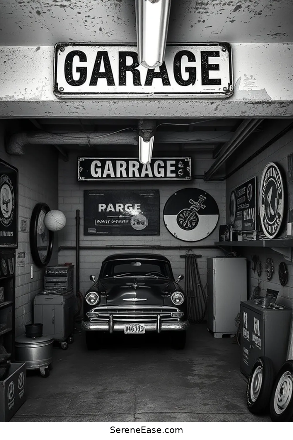 21 Ways to Achieve Industrial Style in Your Black and White Garage 20 Incorporate Vintage Signs and Typography for 21 Ways to Achieve Industrial Style in Your Black and White Garage