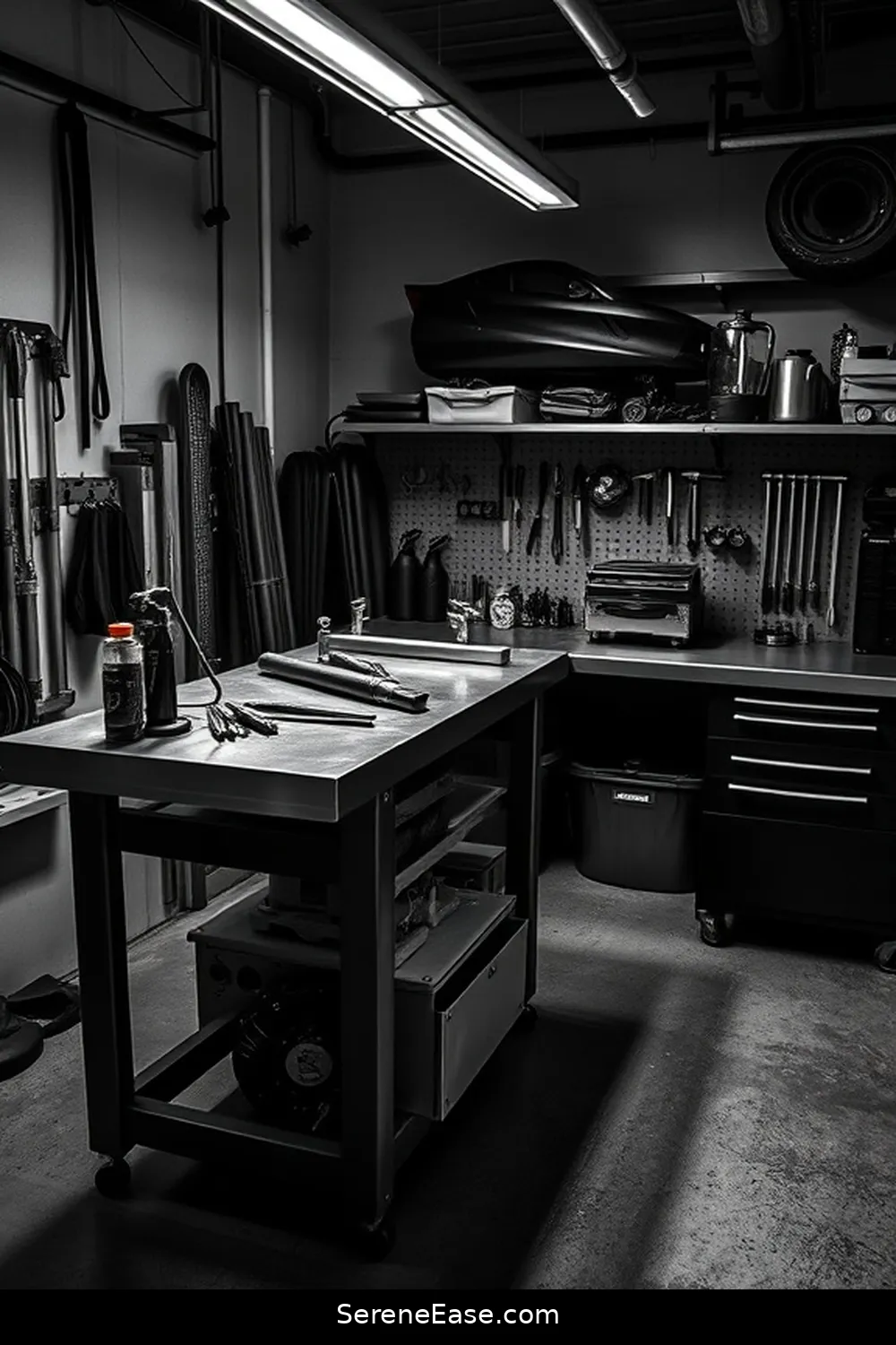 21 Ways to Achieve Industrial Style in Your Black and White Garage 16 Install a Steel Workbench for 21 Ways to Achieve Industrial Style in Your Black and White Garage