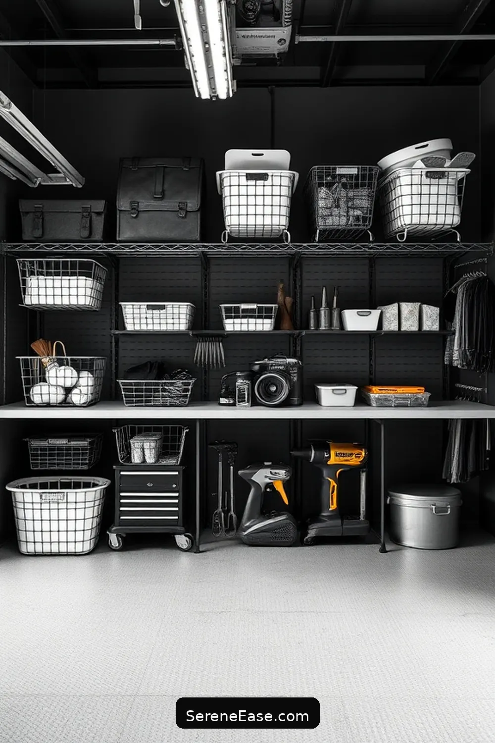 21 Ways to Achieve Industrial Style in Your Black and White Garage 15 Integrate Wire Baskets and Storage for 21 Ways to Achieve Industrial Style in Your Black and White Garage