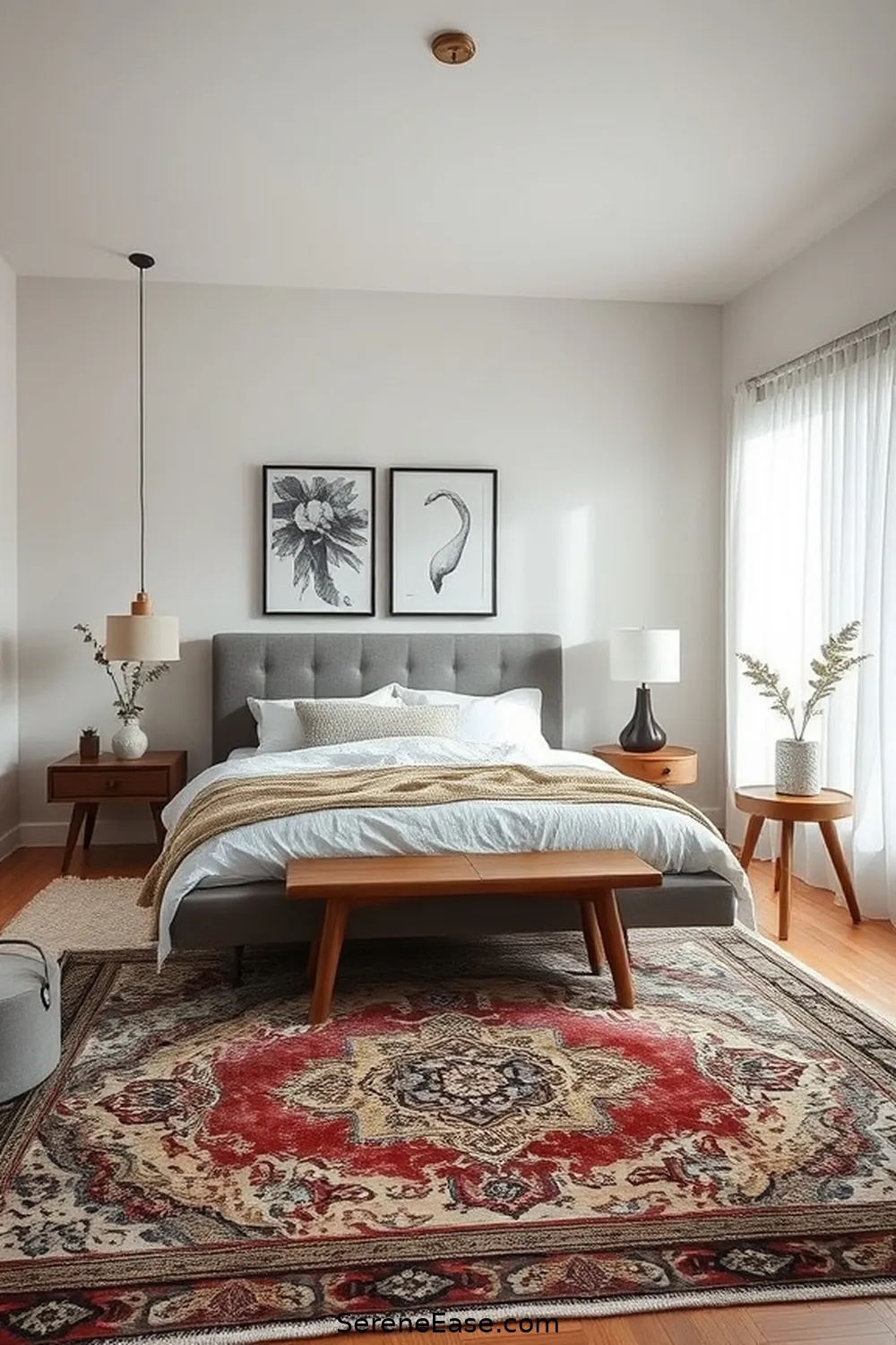 21 Ways to Achieve Monochromatic Bedroom Style With Mid-Century Modern Design 10 Add a Vintage Area Rug for 21 Ways to Achieve Monochromatic Bedroom Style With Mid-Century Modern Design