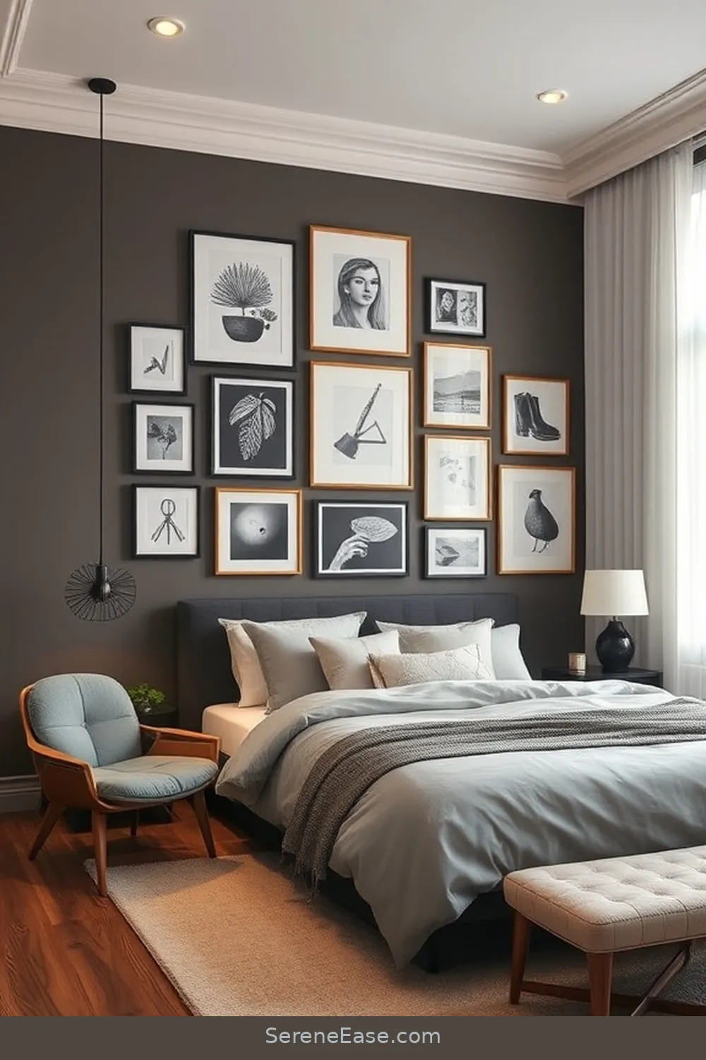 21 Ways to Achieve Monochromatic Bedroom Style With Mid-Century Modern Design 8 Create a Gallery Wall for 21 Ways to Achieve Monochromatic Bedroom Style With Mid-Century Modern Design