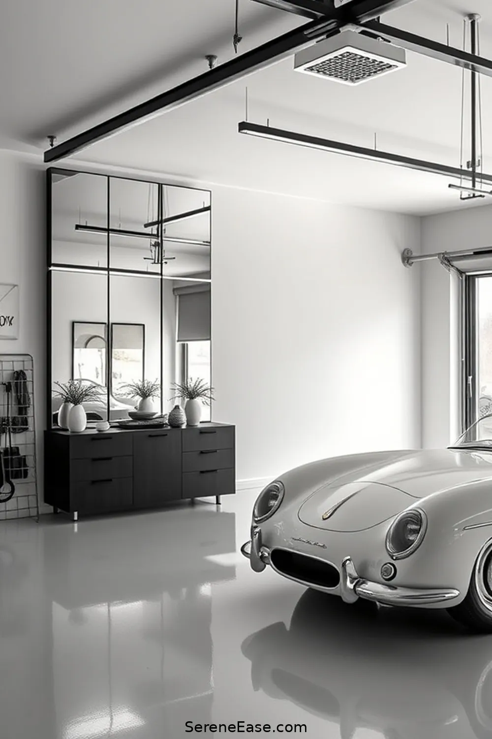 21 Ways to Achieve Monochromatic Garage Mid-Century Modern Style 18 Enhance the Space With Mirrors for 21 Ways to Achieve Monochromatic Garage Mid-Century Modern Style