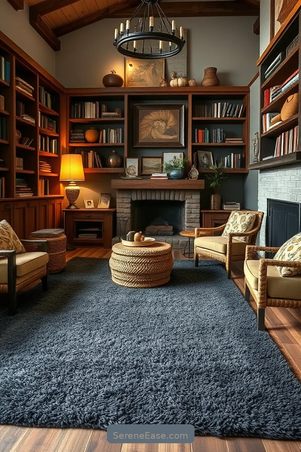 21 Ways to Achieve Monochromatic Rustic Style in Your Library 10 Use a Statement Area Rug for 21 Ways to Achieve Monochromatic Rustic Style in Your Library