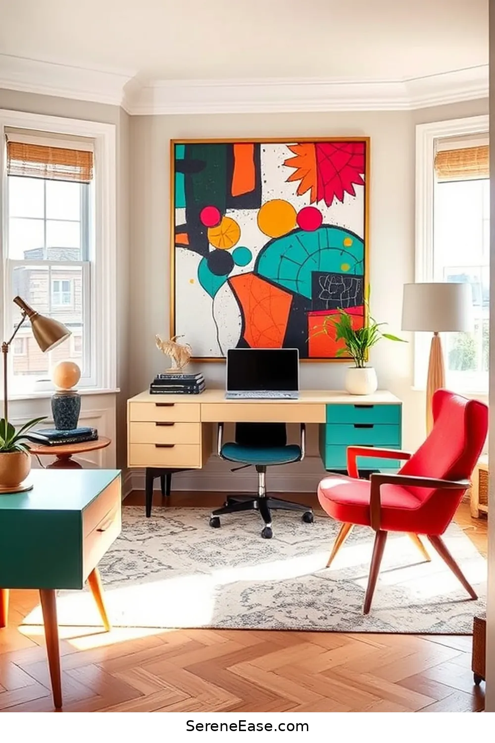 21 Ways to Achieve a Bold and Bright Mid-Century Modern Home Office Style 10 Choose Unique Artwork for 21 Ways to Achieve a Bold and Bright Mid-Century Modern Home Office Style