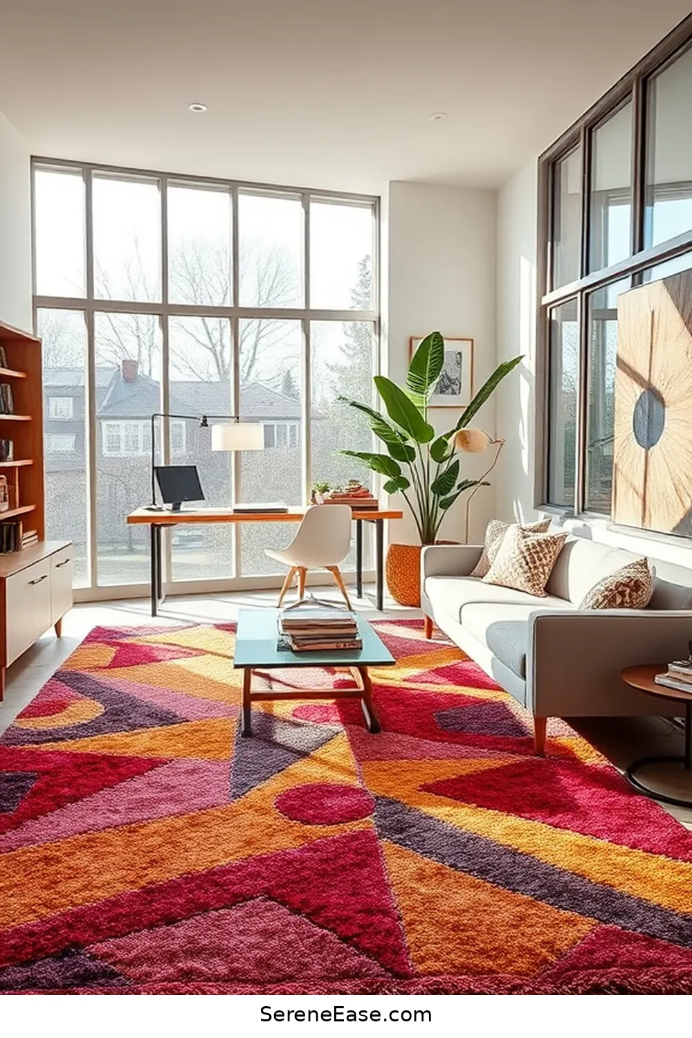 21 Ways to Achieve a Bold and Bright Mid-Century Modern Home Office Style 14 Invest in Quality Rugs for 21 Ways to Achieve a Bold and Bright Mid-Century Modern Home Office Style
