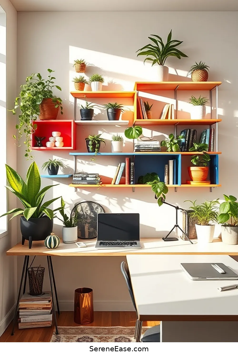 21 Ways to Achieve a Bold and Bright Mid-Century Modern Home Office Style 18 Use Decorative Wall Shelves for 21 Ways to Achieve a Bold and Bright Mid-Century Modern Home Office Style