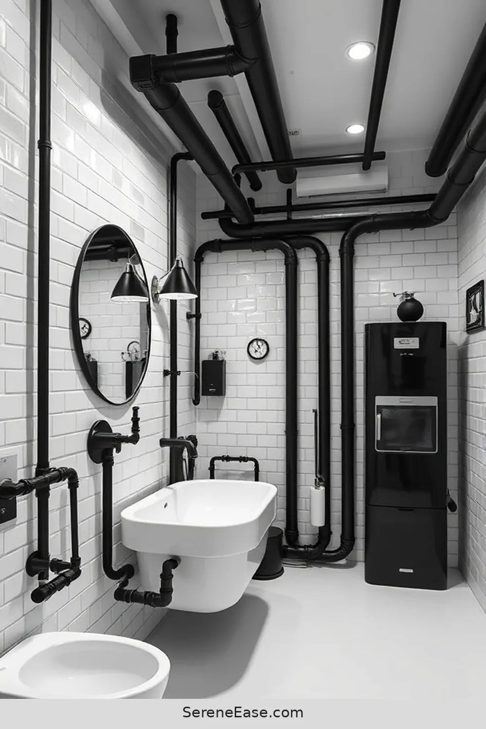 21 Ways to Achieve an Industrial Style Black and White Bathroom 2 Embrace Exposed Pipes for 21 Ways to Achieve an Industrial Style Black and White Bathroom