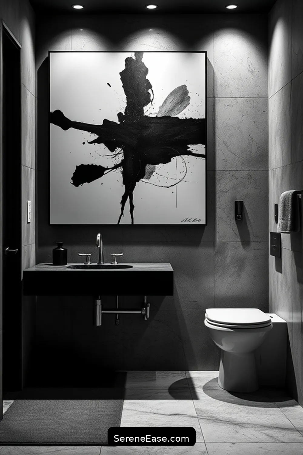 21 Ways to Achieve an Industrial Style Black and White Bathroom 18 Use Bold Artwork for 21 Ways to Achieve an Industrial Style Black and White Bathroom