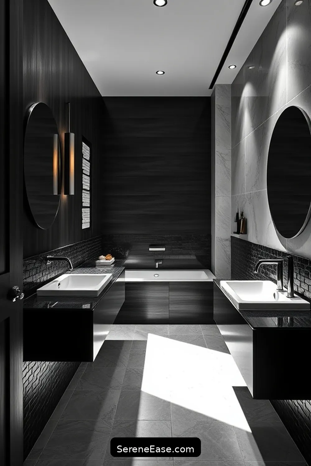 21 Ways to Achieve an Industrial Style Black and White Bathroom 7 Use Dark Wood Accents for 21 Ways to Achieve an Industrial Style Black and White Bathroom