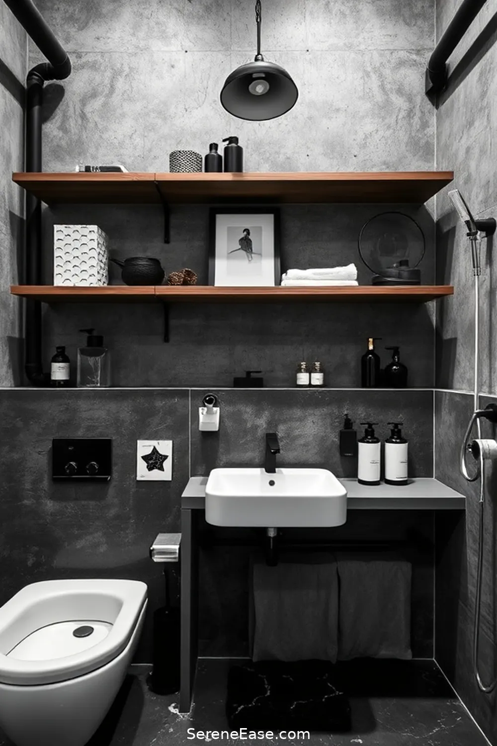 21 Ways to Achieve an Industrial Style Black and White Bathroom 11 Use Open Shelving for 21 Ways to Achieve an Industrial Style Black and White Bathroom