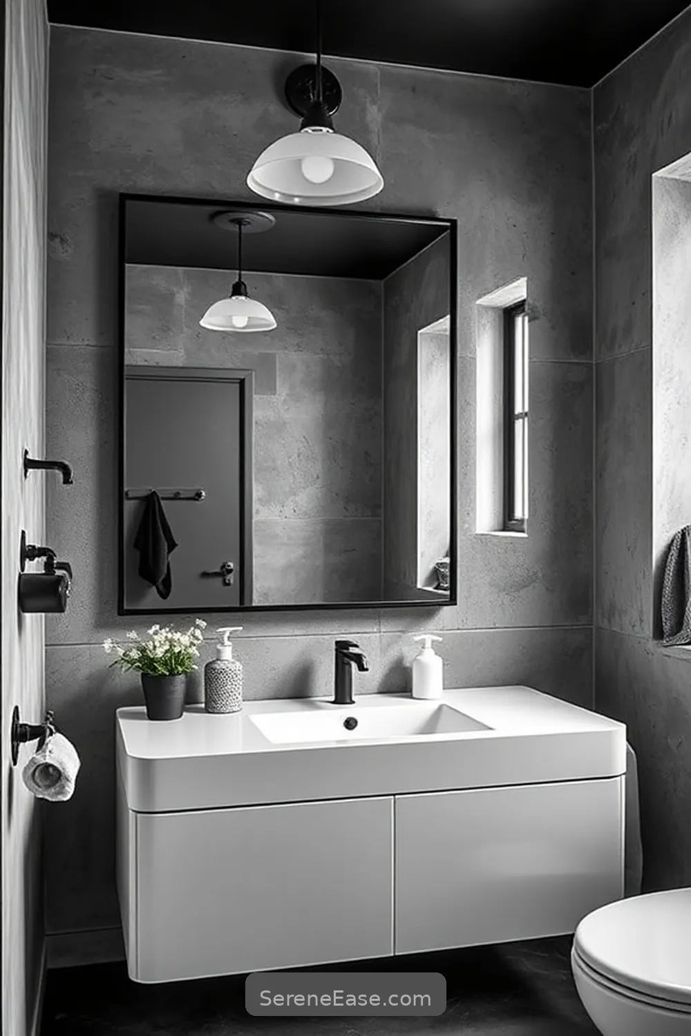 21 Ways to Achieve an Industrial Style Black and White Bathroom 14 Utilize Metal Framed Mirrors for 21 Ways to Achieve an Industrial Style Black and White Bathroom