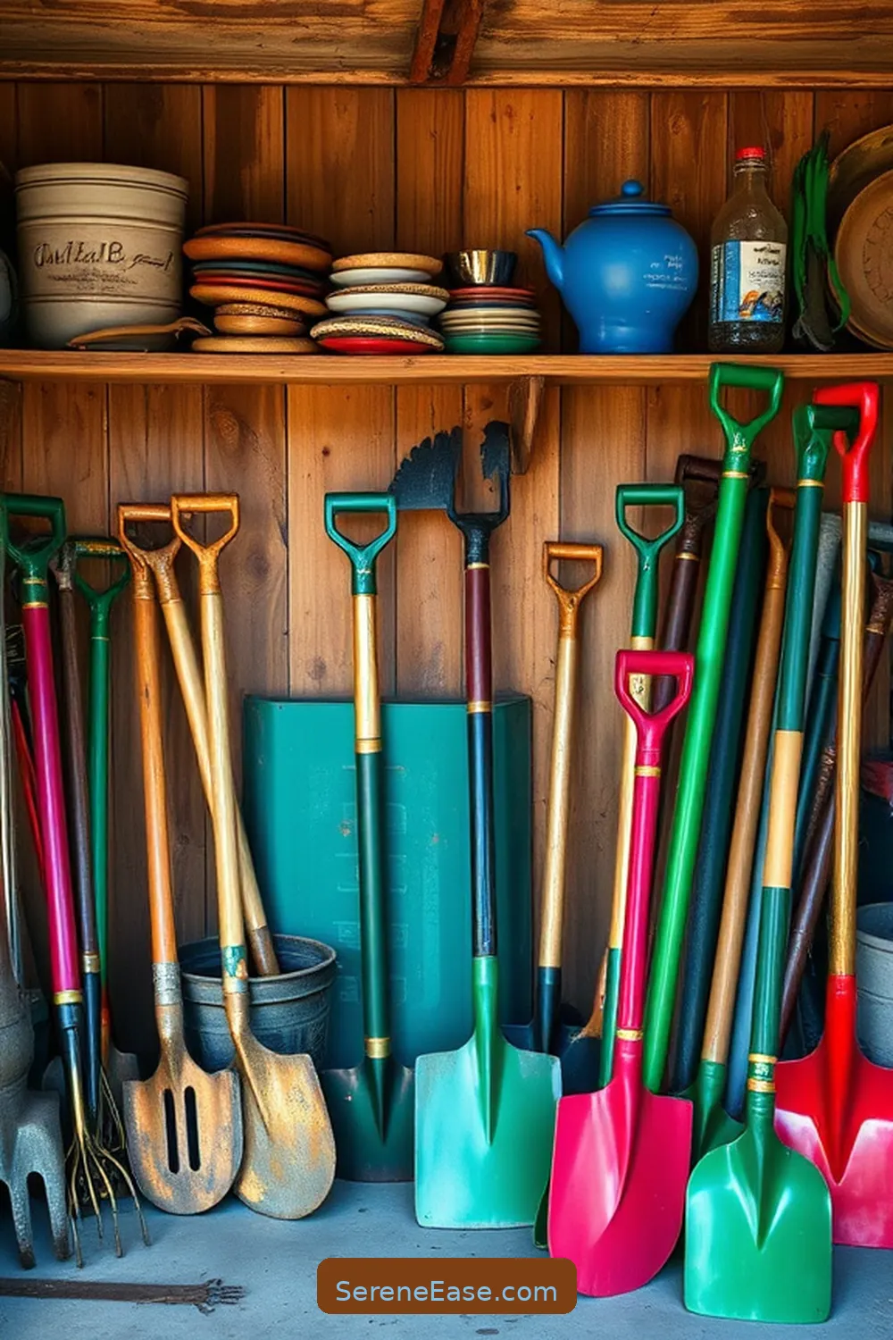 21 Ways to Add Jewel Tones to Rustic Garage Style 12 Incorporate Colorful Garden Tools for 21 Ways to Add Jewel Tones to Rustic Garage Style