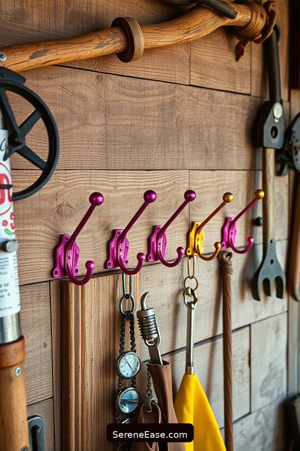 21 Ways to Add Jewel Tones to Rustic Garage Style 18 Install Colorful Hooks for Tools for 21 Ways to Add Jewel Tones to Rustic Garage Style
