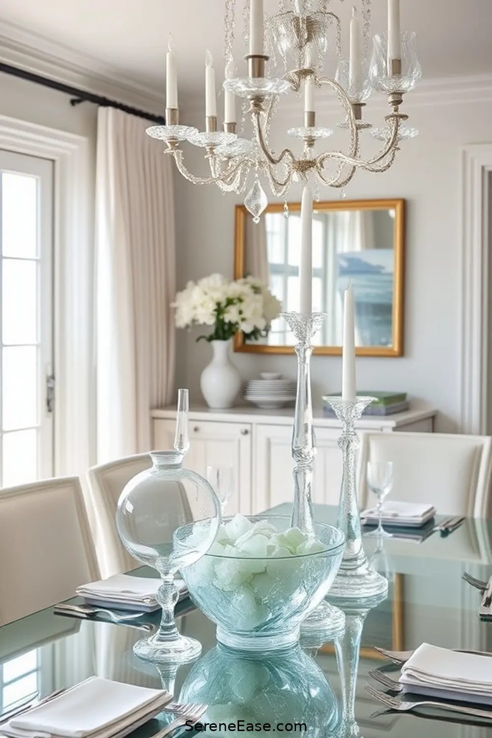 21 Ways to Create a Monochromatic Coastal Style Dining Room 14 Incorporate Glass Decor for 21 Ways to Create a Monochromatic Coastal Style Dining Room