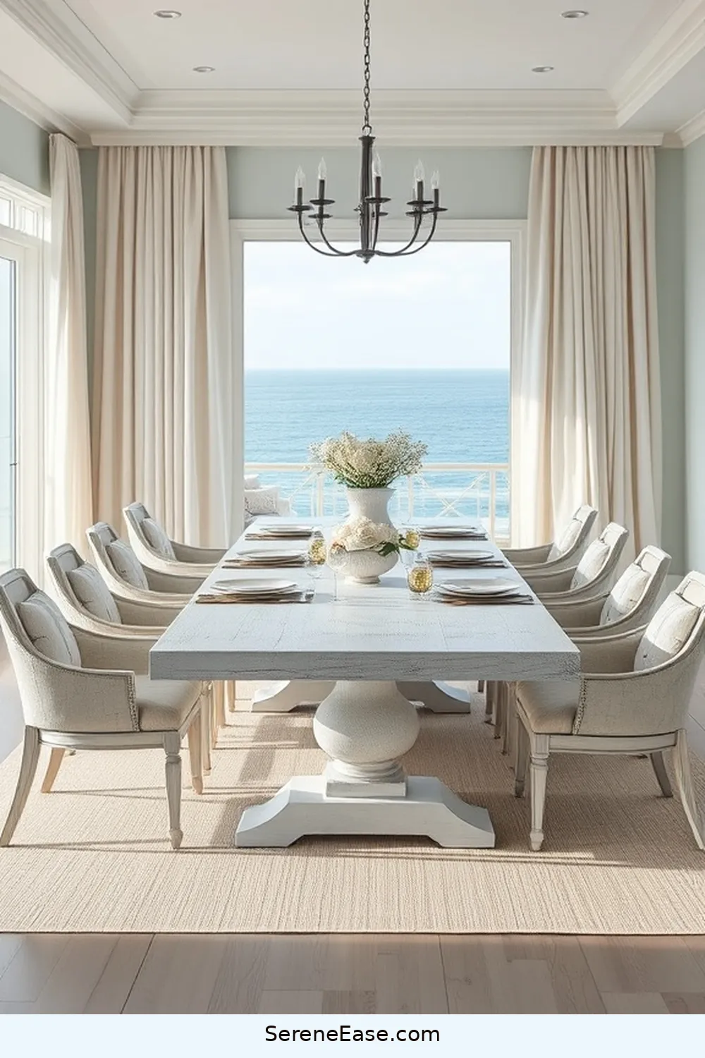 21 Ways to Create a Monochromatic Coastal Style Dining Room 6 Opt for a Statement Dining Table for 21 Ways to Create a Monochromatic Coastal Style Dining Room