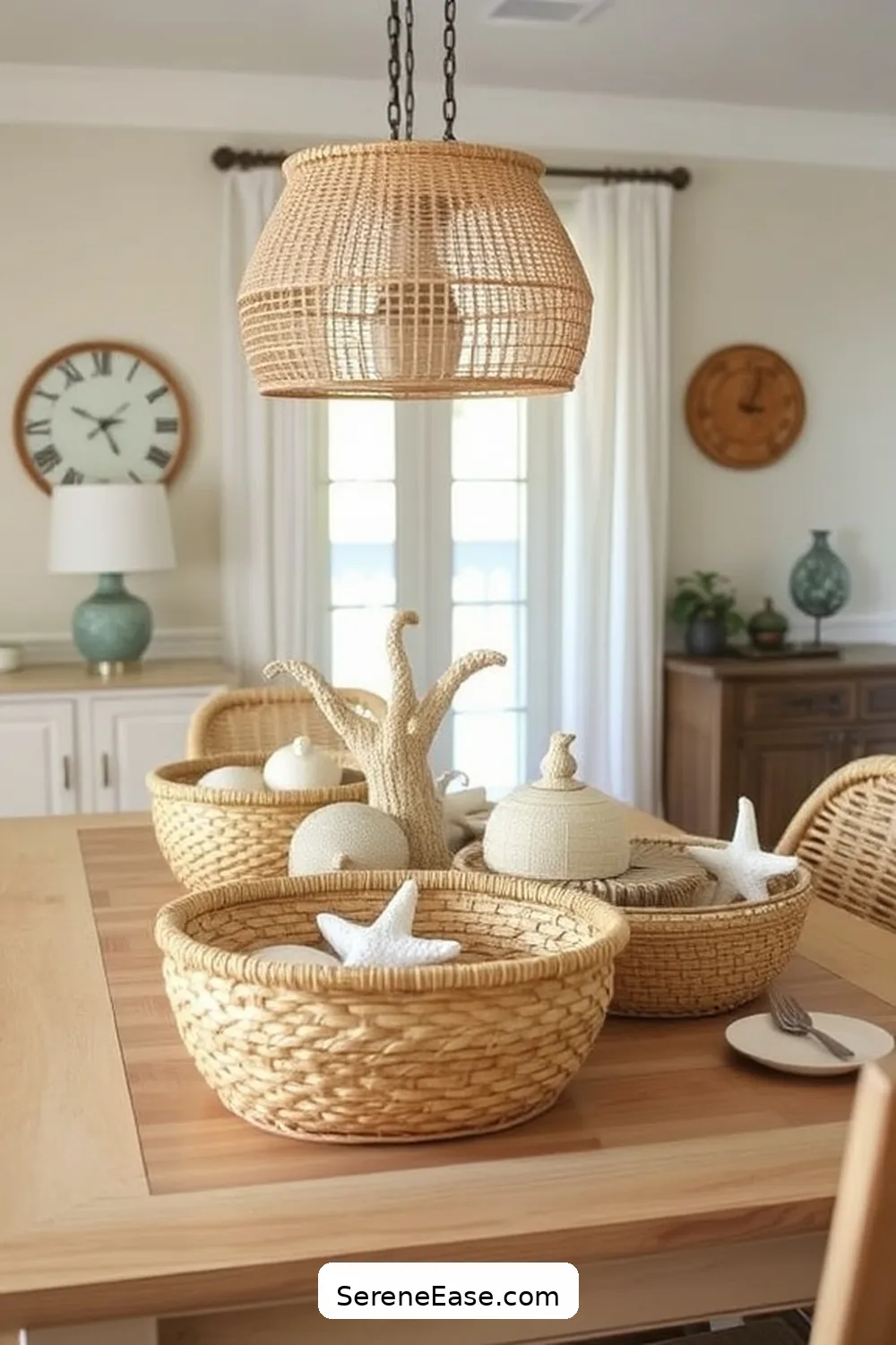 21 Ways to Create a Monochromatic Coastal Style Dining Room 20 Use Woven Baskets for Storage for 21 Ways to Create a Monochromatic Coastal Style Dining Room