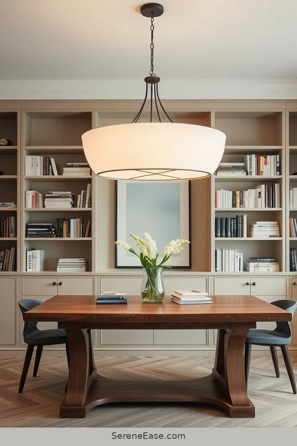 Choose a Statement Light Fixture for 21 Ways to Create a Monochromatic Library in Modern Farmhouse Style