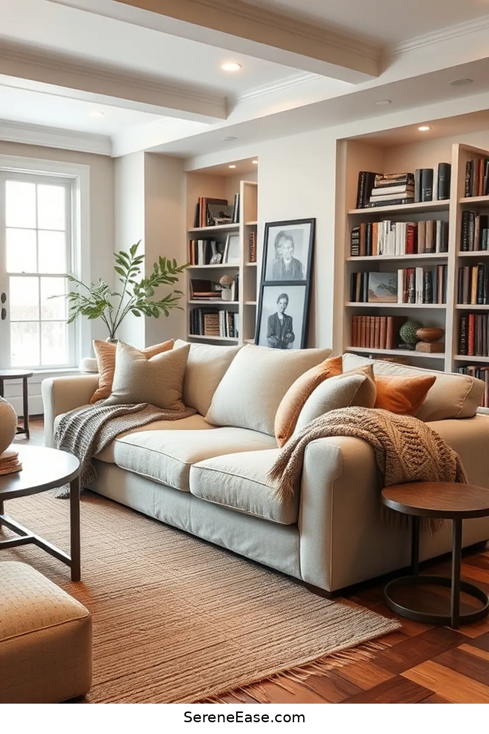 Create a Comfortable Seating Area for 21 Ways to Create a Monochromatic Library in Modern Farmhouse Style