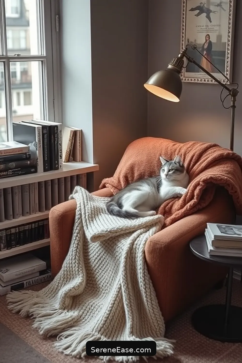 Create a Cozy Reading Nook for 21 Ways to Create a Monochromatic Library in Modern Farmhouse Style