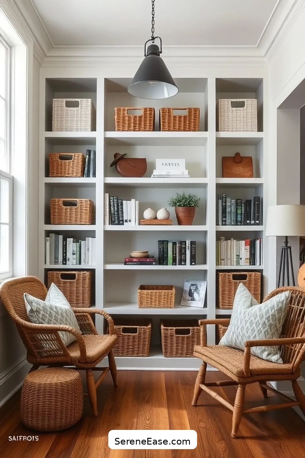 Incorporate Functional Décor for 21 Ways to Create a Monochromatic Library in Modern Farmhouse Style