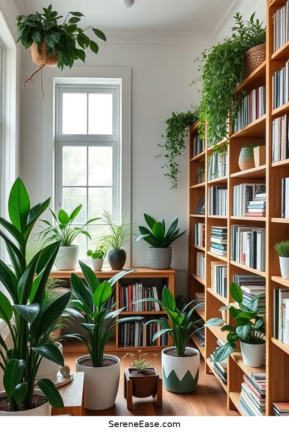Integrate Plants for 21 Ways to Create a Monochromatic Library in Modern Farmhouse Style