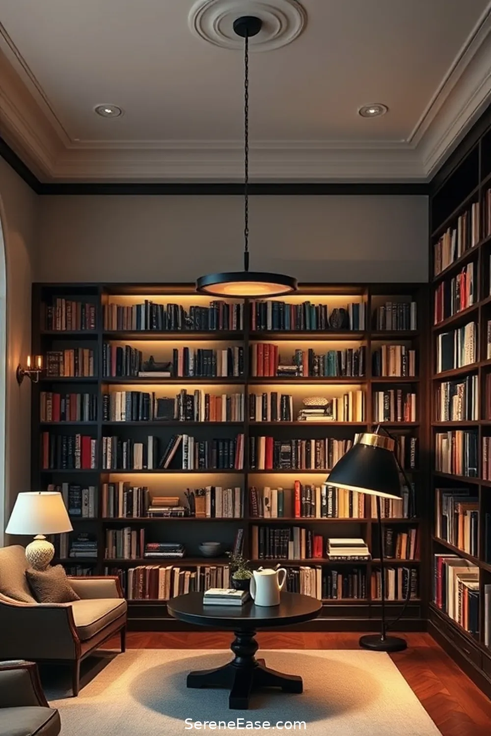 Layer Lighting for 21 Ways to Create a Monochromatic Library in Modern Farmhouse Style