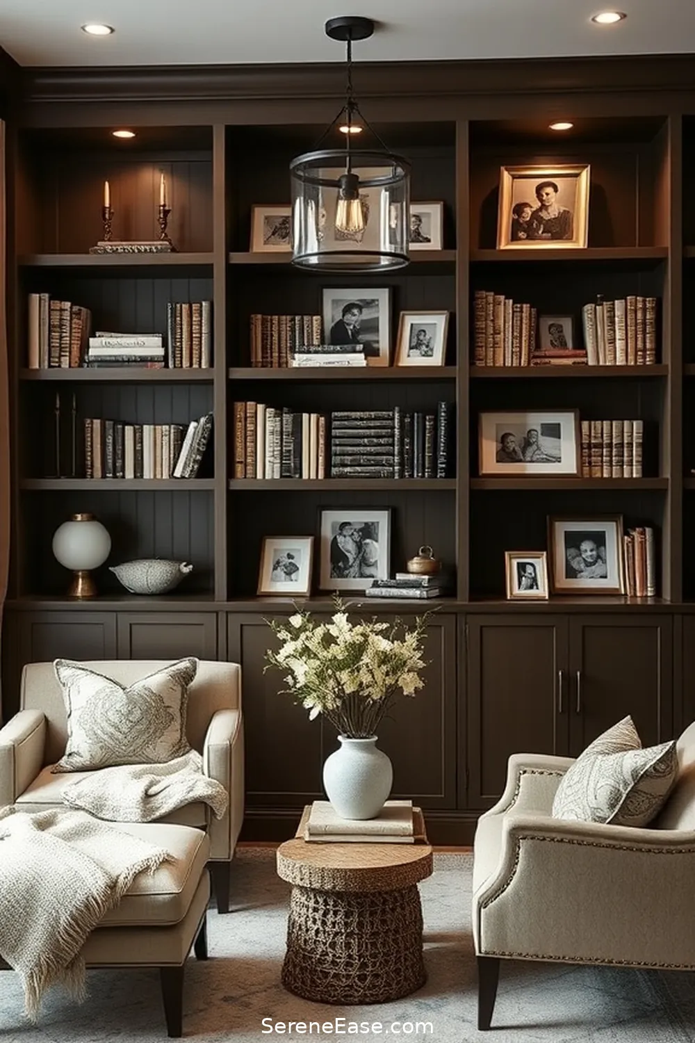 Personalize With Family Photos for 21 Ways to Create a Monochromatic Library in Modern Farmhouse Style