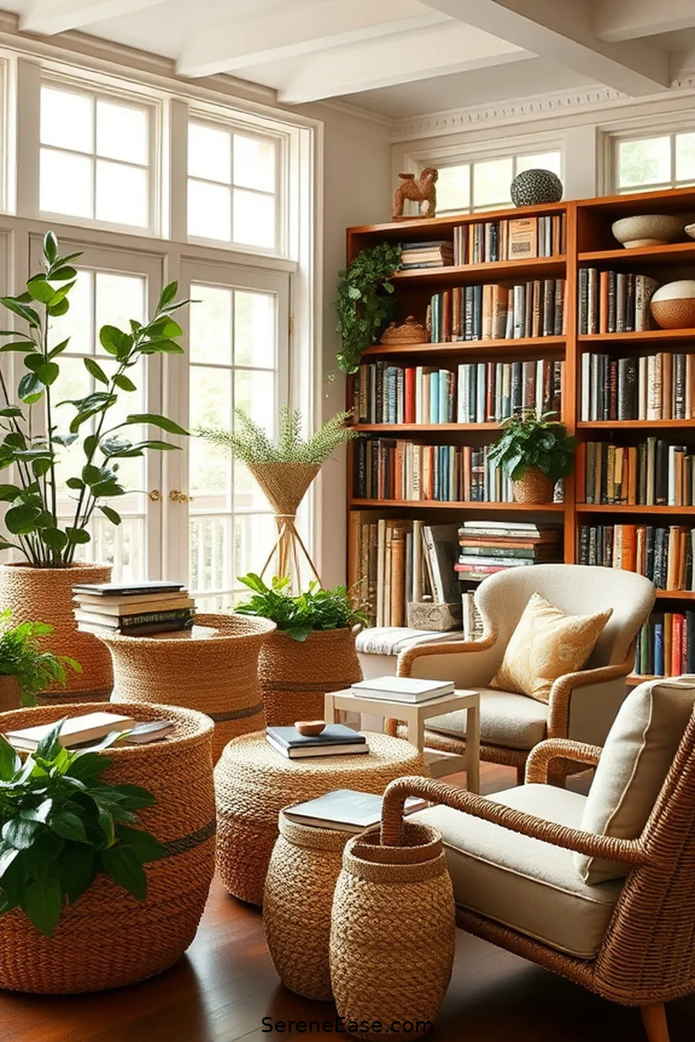 Use Decorative Baskets for 21 Ways to Create a Monochromatic Library in Modern Farmhouse Style