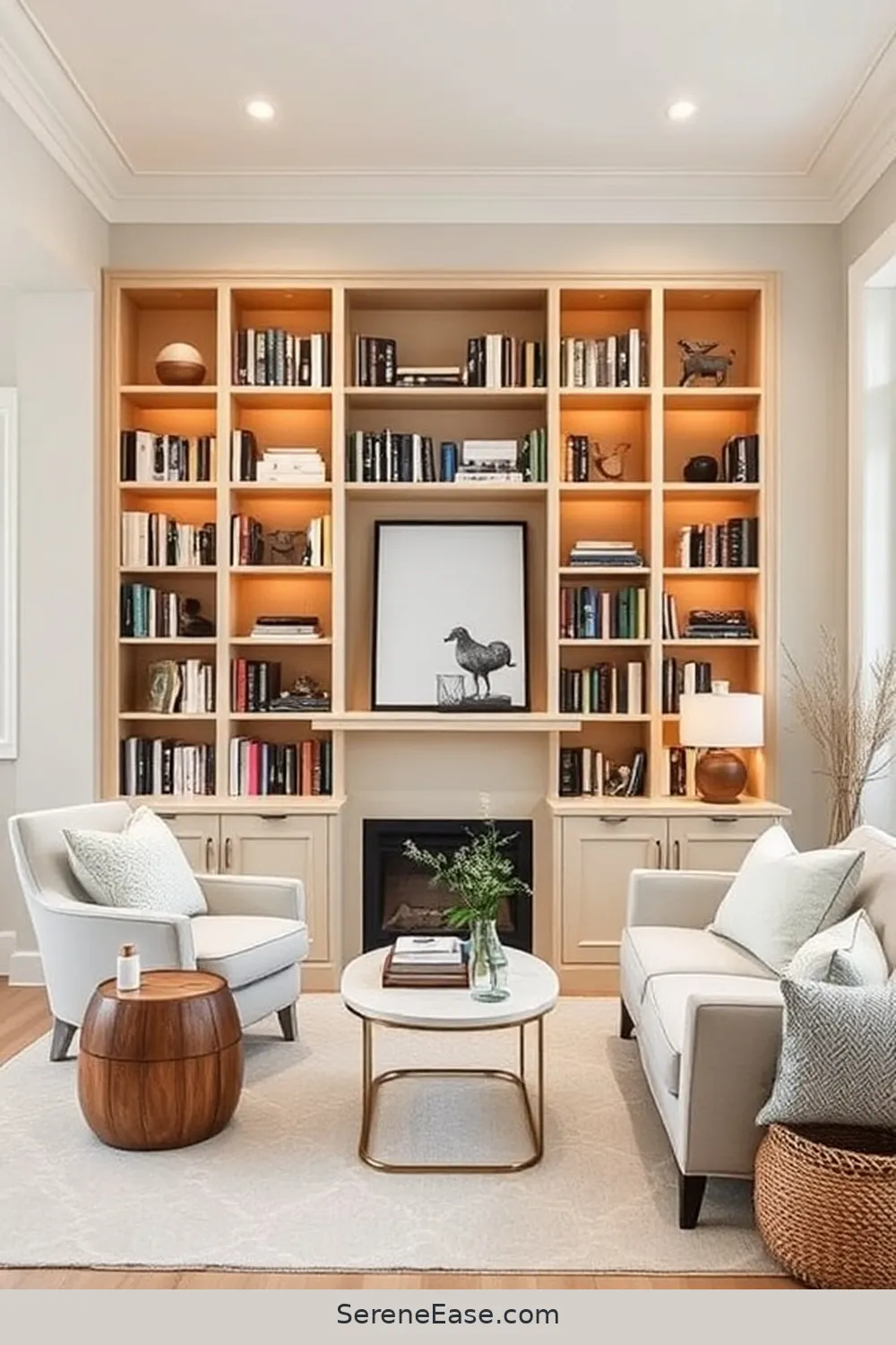 Use Neutral Paints for Contrast for 21 Ways to Create a Monochromatic Library in Modern Farmhouse Style