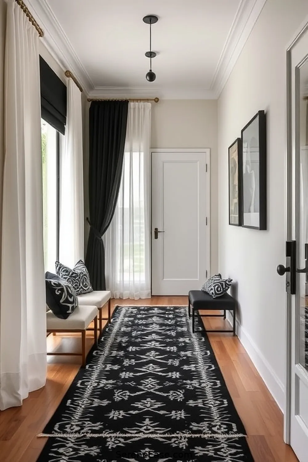 Add Layered Black and White Textiles for 21 Ways to Incorporate Black and White Style in a Mid-Century Modern Hallway