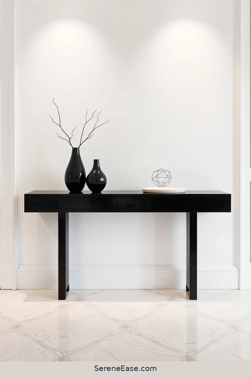Add a Bold Black Console Table for 21 Ways to Incorporate Black and White Style in a Mid-Century Modern Hallway
