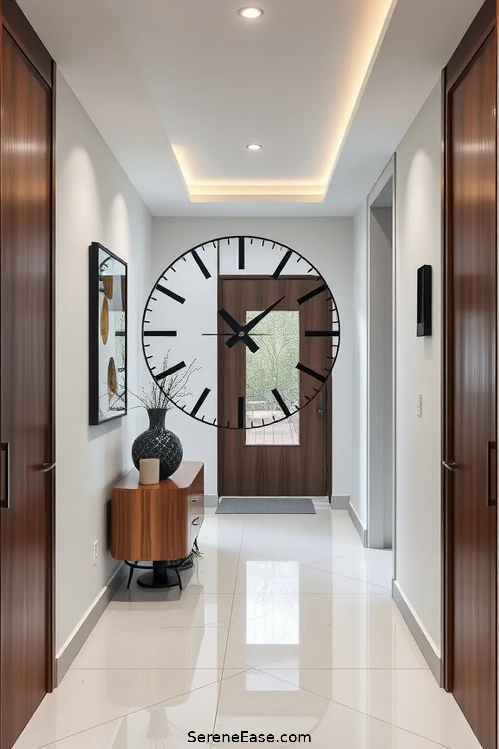 Add a Statement Black and White Clock for 21 Ways to Incorporate Black and White Style in a Mid-Century Modern Hallway