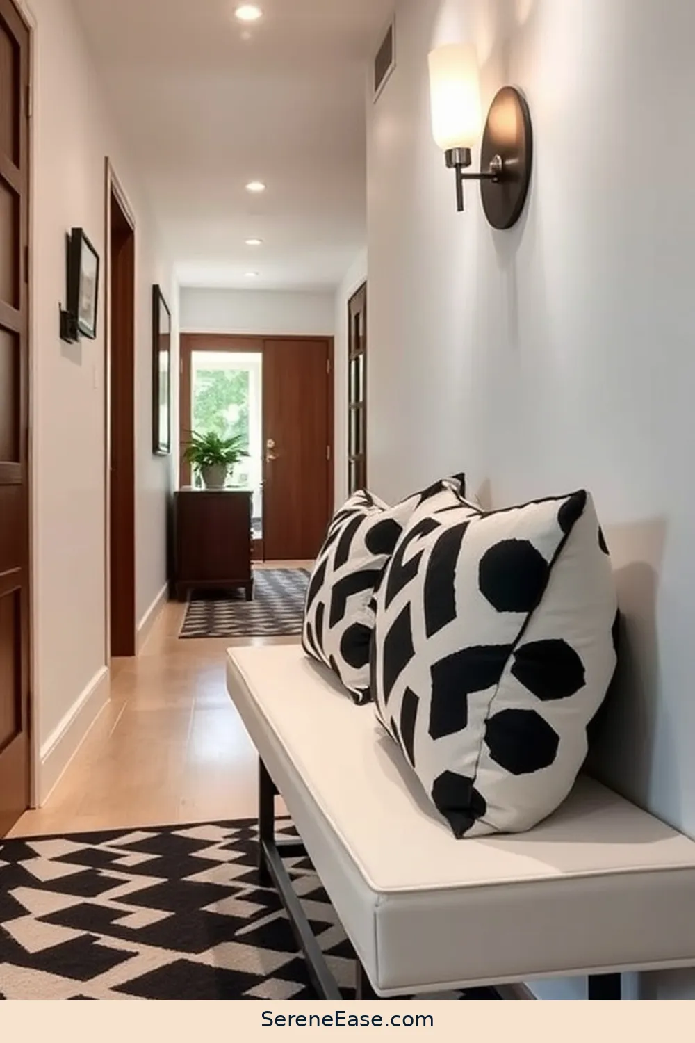 Choose Black and White Decorative Pillows for 21 Ways to Incorporate Black and White Style in a Mid-Century Modern Hallway