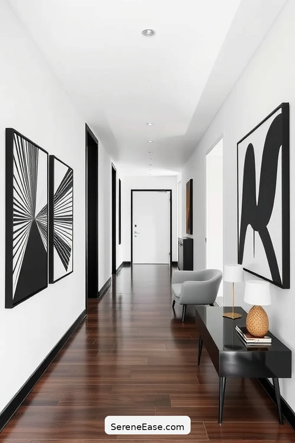 Choose Striking Black and White Artwork for 21 Ways to Incorporate Black and White Style in a Mid-Century Modern Hallway