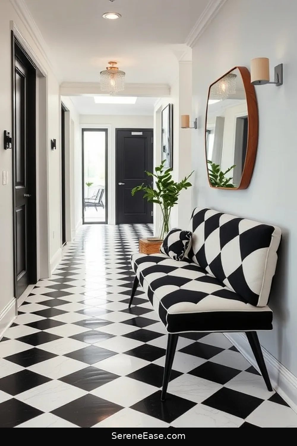 Choose a Mid-Century Modern Black and White Bench for 21 Ways to Incorporate Black and White Style in a Mid-Century Modern Hallway
