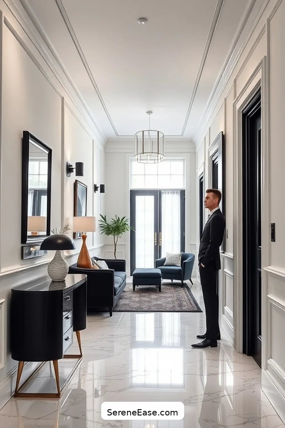 Incorporate White Wainscoting With Black Accents for 21 Ways to Incorporate Black and White Style in a Mid-Century Modern Hallway