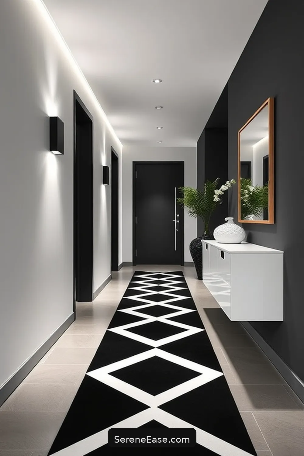 Incorporate a Black and White Runner for 21 Ways to Incorporate Black and White Style in a Mid-Century Modern Hallway
