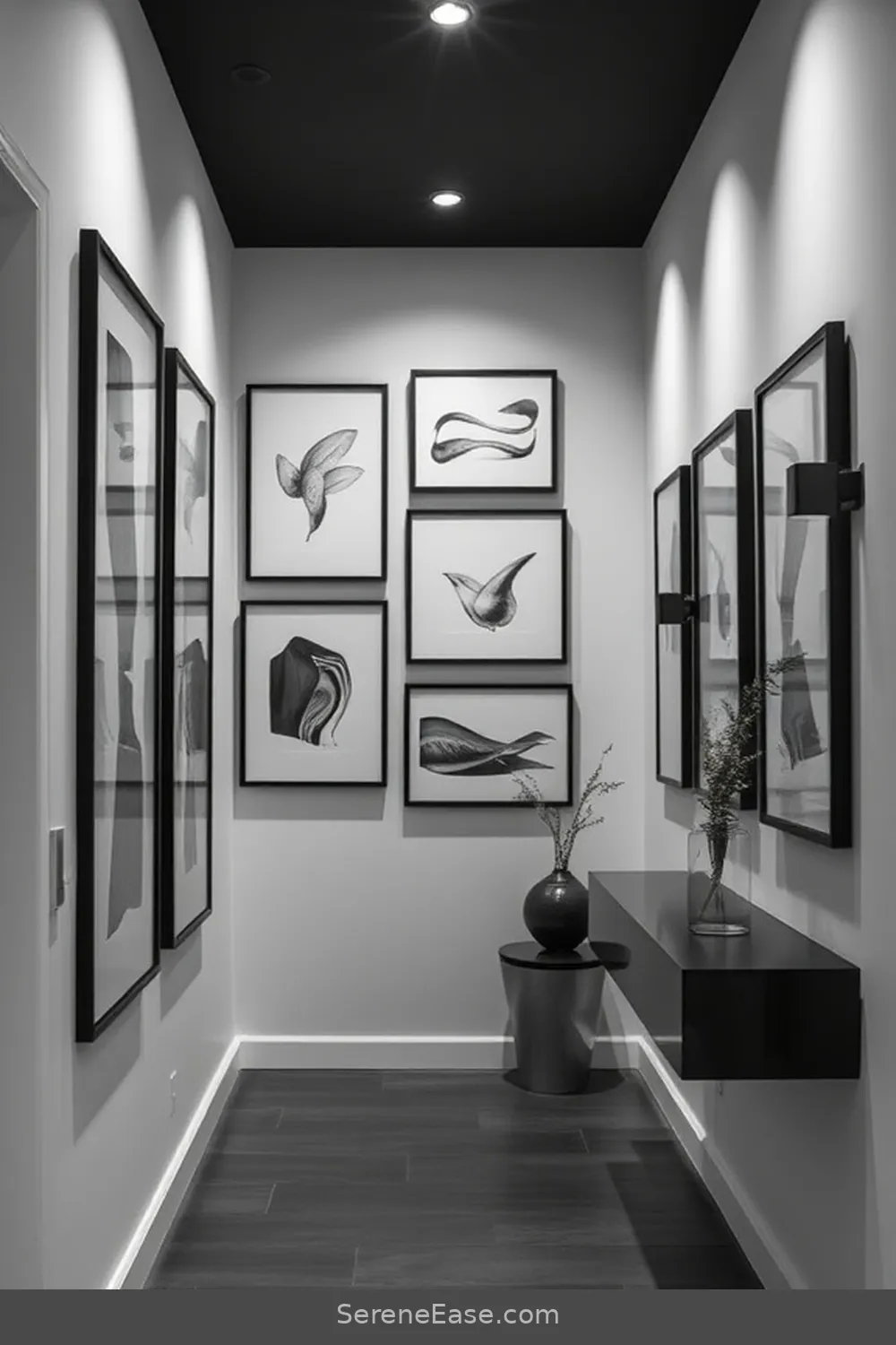 Incorporate a Monochrome Gallery Wall for 21 Ways to Incorporate Black and White Style in a Mid-Century Modern Hallway