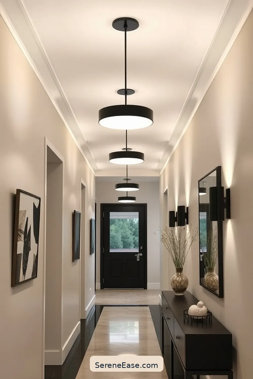 Install Black and White Light Fixtures for 21 Ways to Incorporate Black and White Style in a Mid-Century Modern Hallway