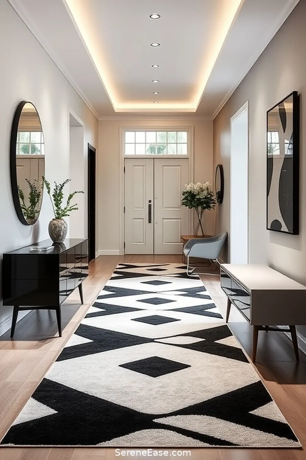 Select Black and White Area Rugs for 21 Ways to Incorporate Black and White Style in a Mid-Century Modern Hallway