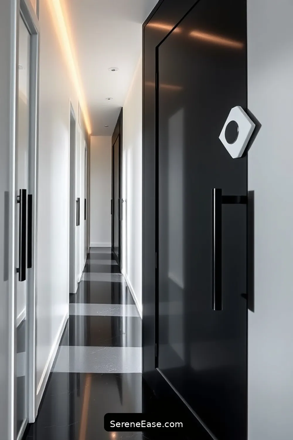 Select a Black and White Color Palette for Door Hardware for 21 Ways to Incorporate Black and White Style in a Mid-Century Modern Hallway