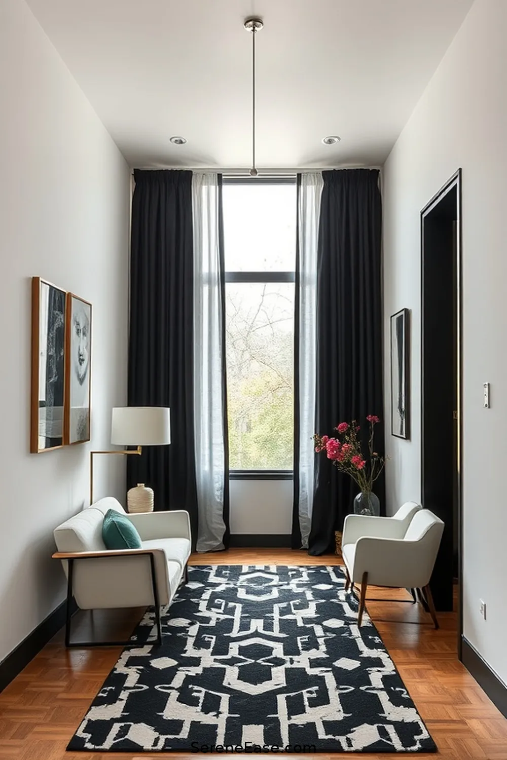 Use Black and White Curtains for 21 Ways to Incorporate Black and White Style in a Mid-Century Modern Hallway