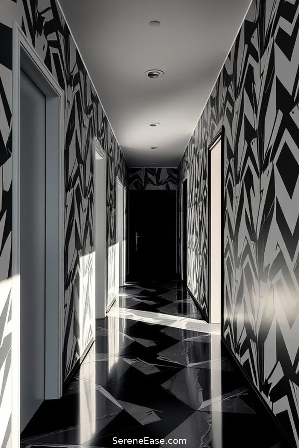 Use Black and White Geometric Wallpaper for 21 Ways to Incorporate Black and White Style in a Mid-Century Modern Hallway