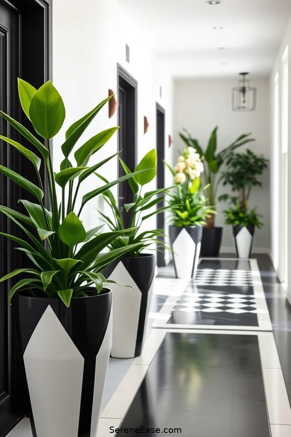 Use Black and White Planters for 21 Ways to Incorporate Black and White Style in a Mid-Century Modern Hallway