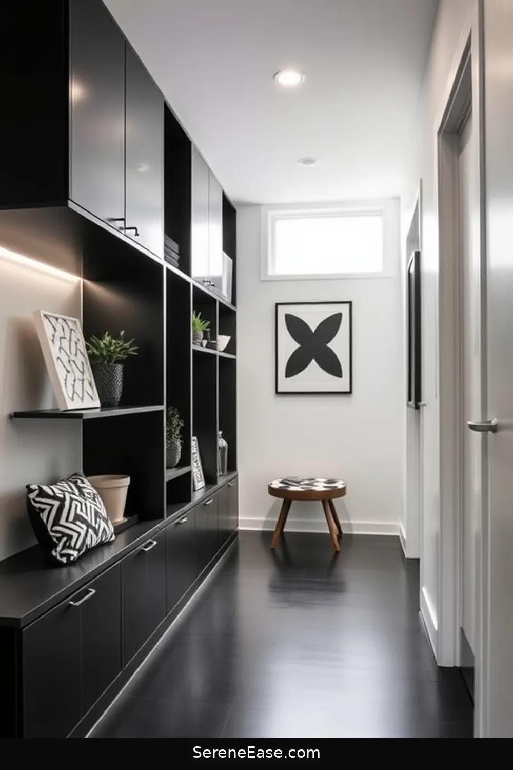 Use Monochrome Storage Solutions for 21 Ways to Incorporate Black and White Style in a Mid-Century Modern Hallway