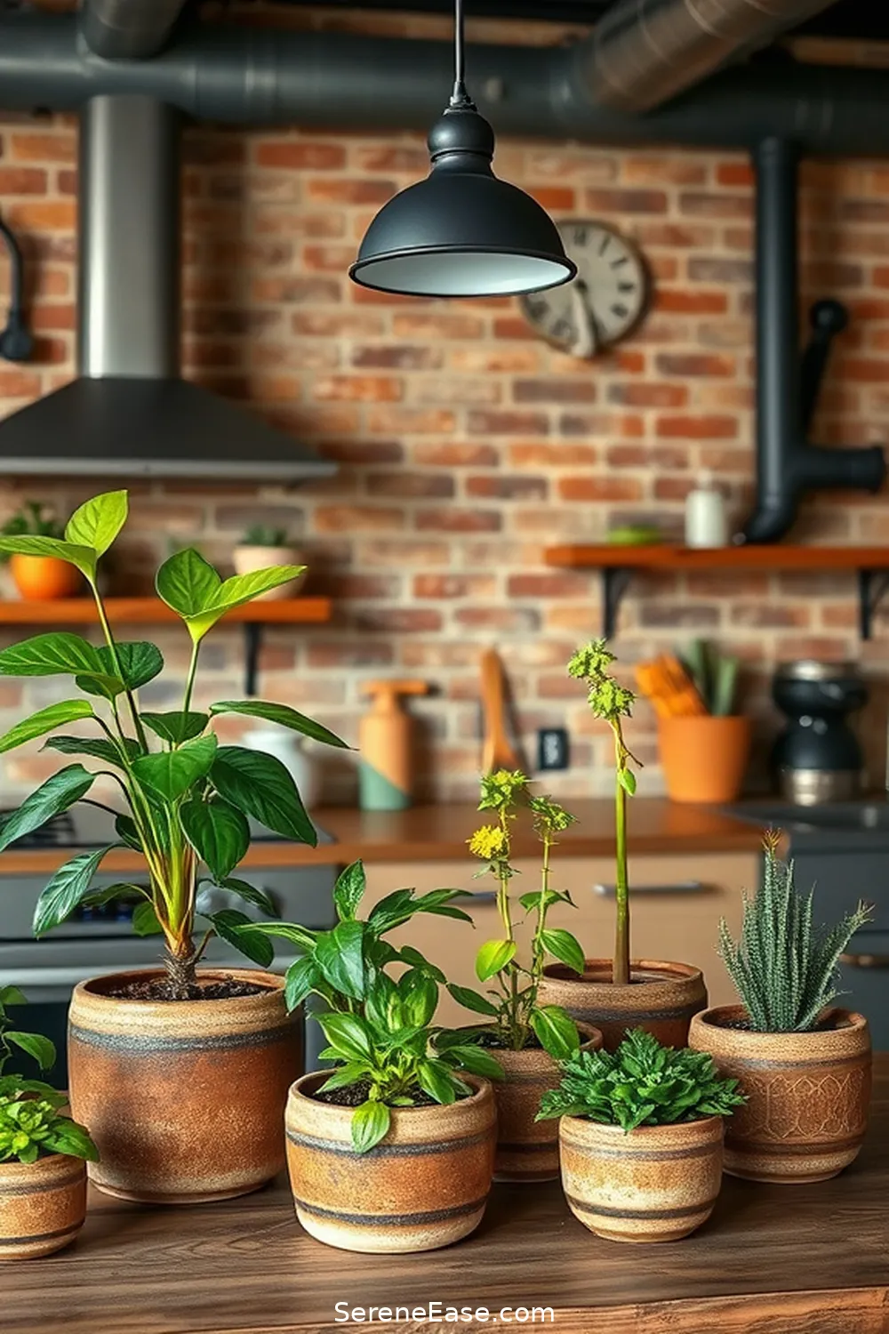 Add Greenery With Potted Plants for 21 Ways to Incorporate Earth Tones in Industrial Style Kitchens
