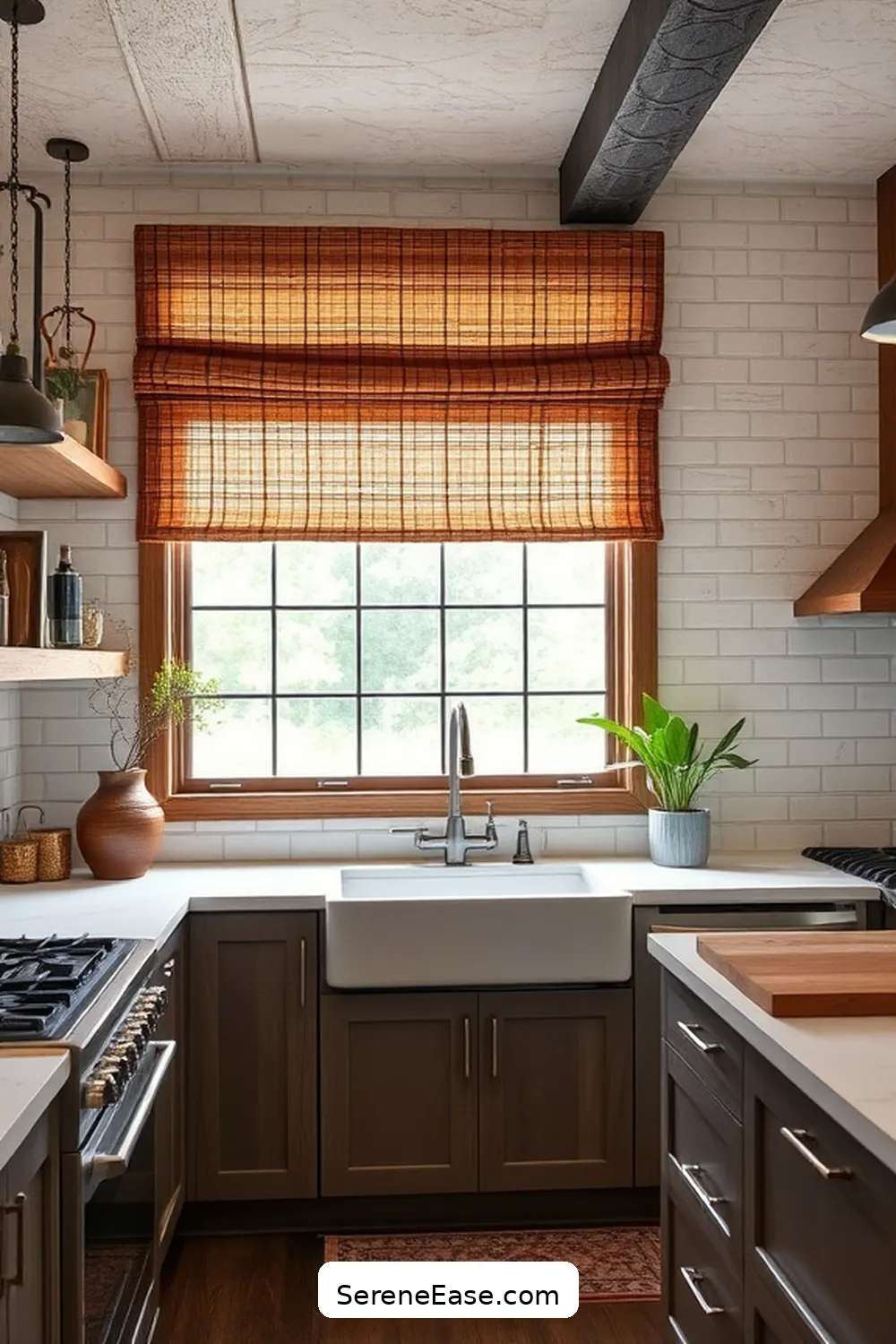 Use Natural Fiber Window Treatments for 21 Ways to Incorporate Earth Tones in Industrial Style Kitchens