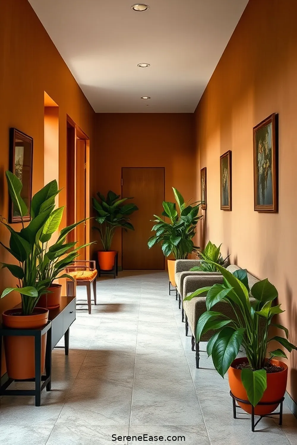 Add Greenery With Potted Plants for 21 Ways to Incorporate Earth Tones in Mid-Century Modern Hallways